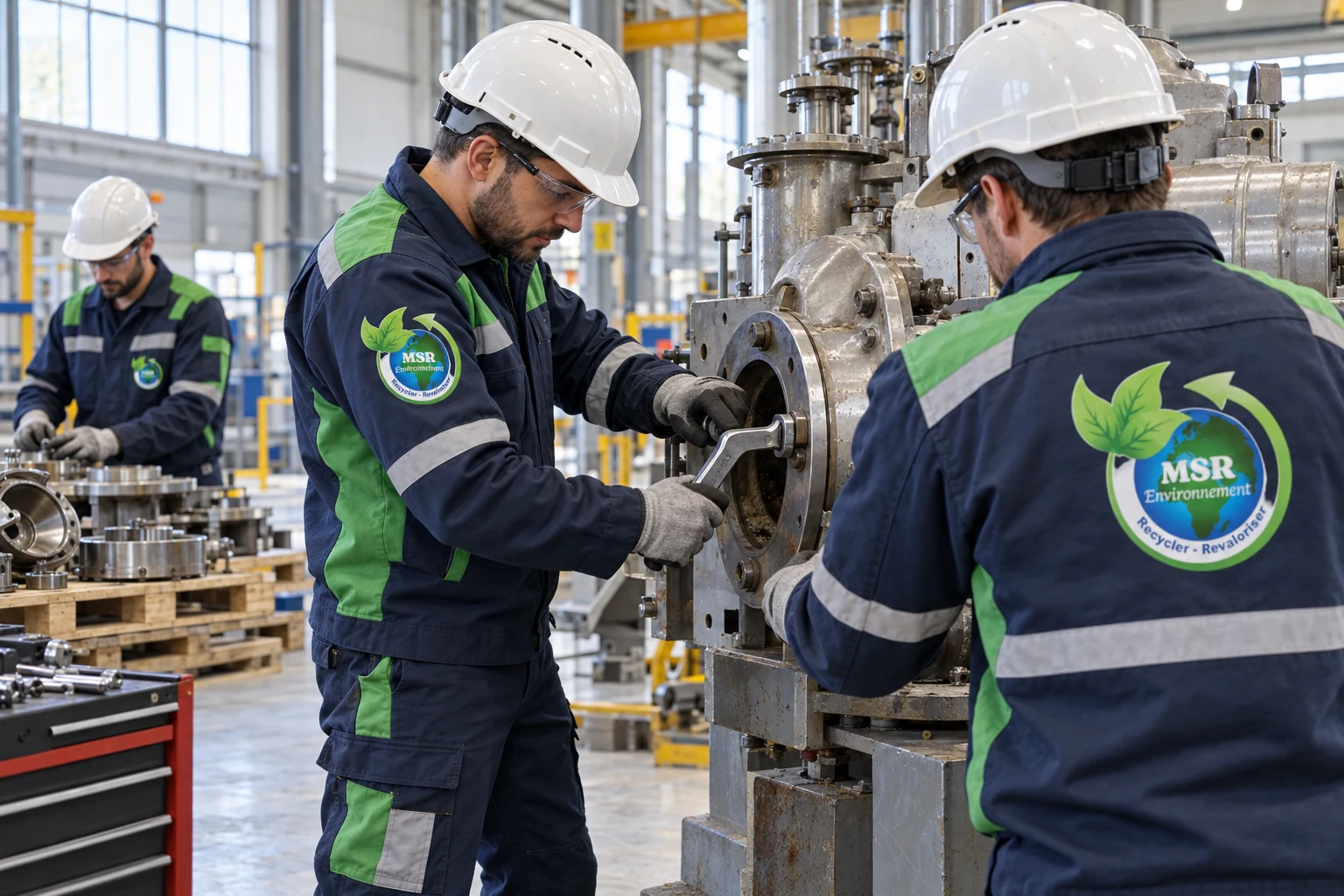Techniciens en tenues MSR environnement démontant une machine industrielle dans un atelier