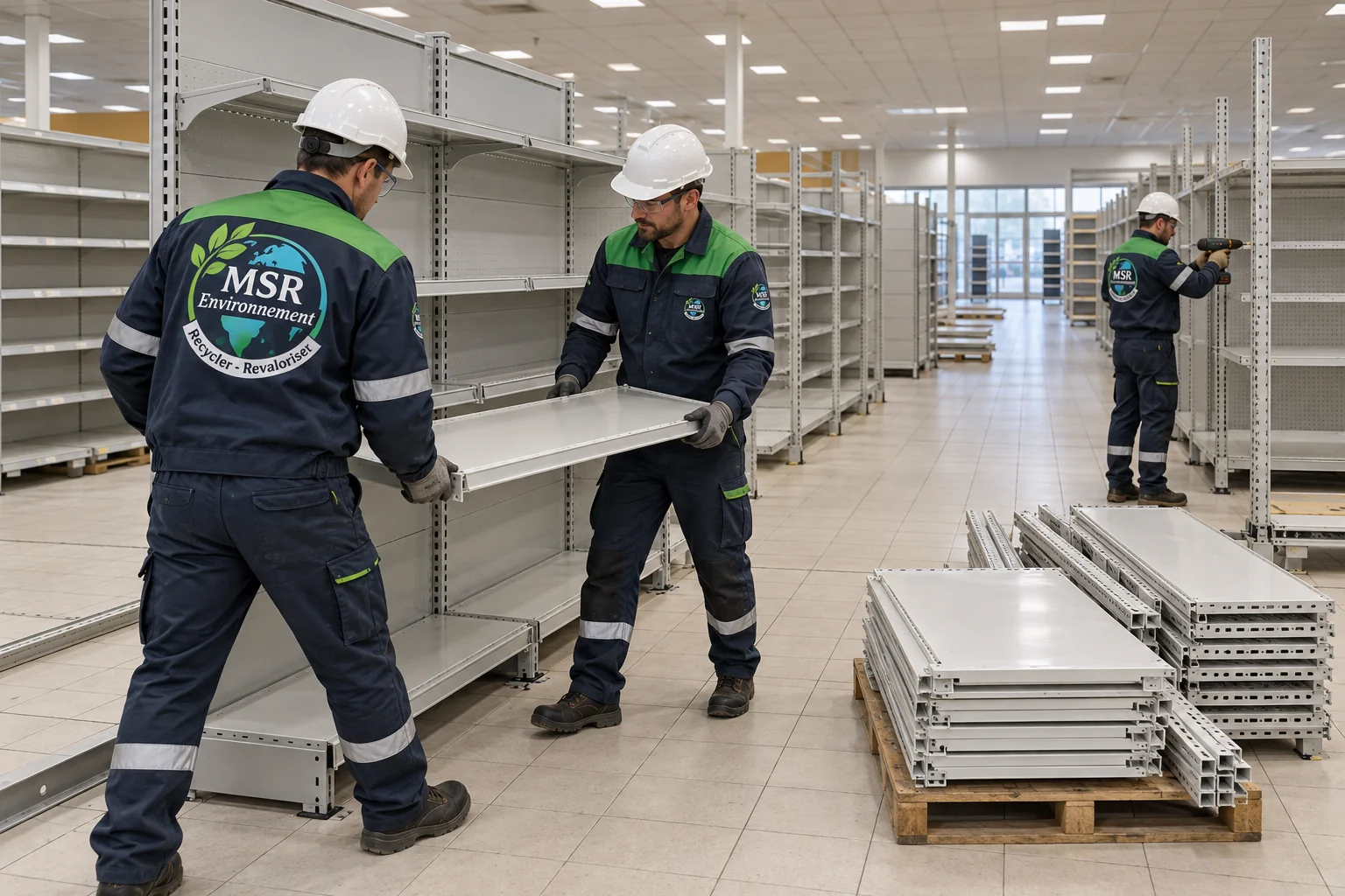 Techniciens en tenues MSR environnement retirant une tablette de rayonnage dans un supermarché vide