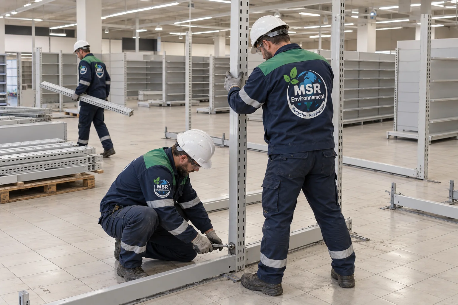 Techniciens en tenues MSR environnement démontant les montants de rayonnages dans un supermarché vidé de ses produits