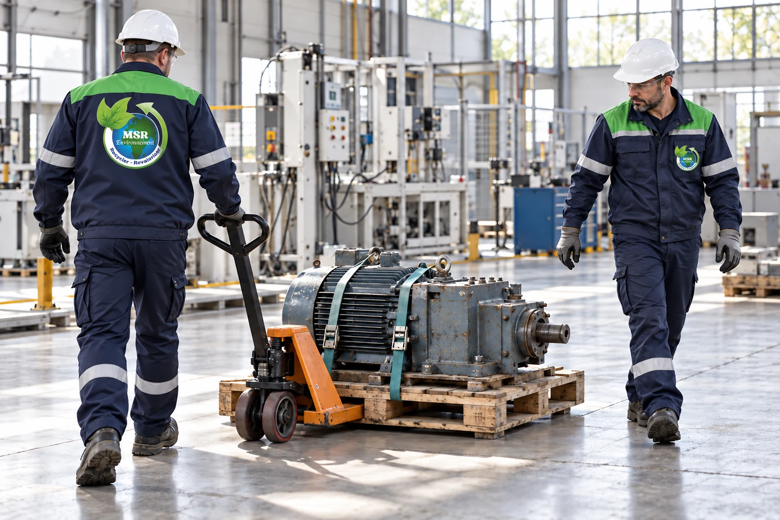 Deux techniciens en tenues MSR environnement accompagnant l'enlèvement d'un moteur industriel fixé sur une palette
