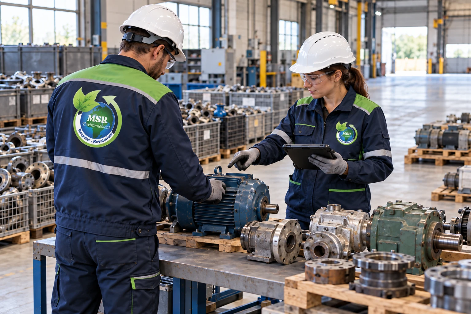 Techniciens en tenues MSR environnement vérifiant et inventoriant des moteurs et équipements récupérés